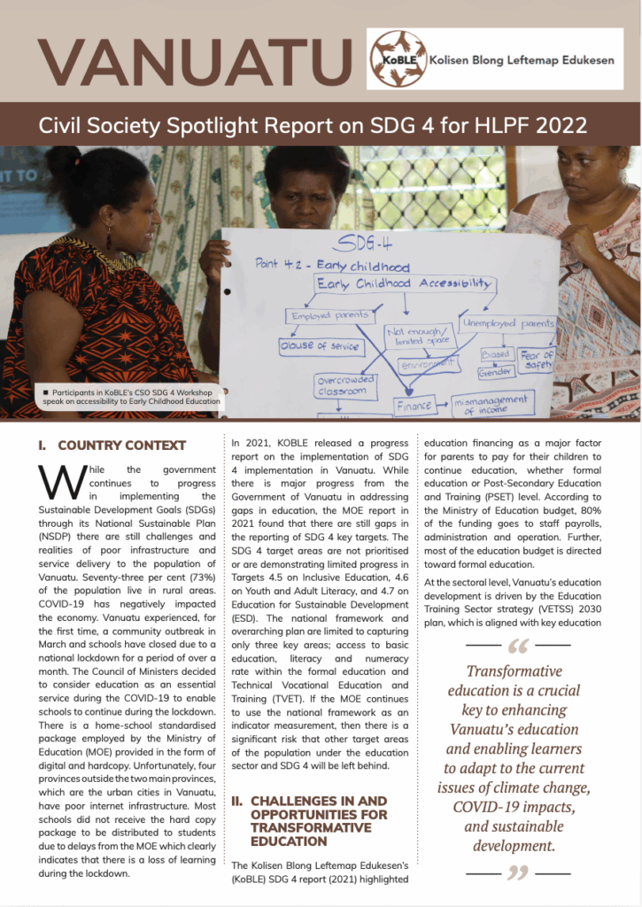 Vanuatu – Civil Society Spotlight Report on SDG 4 for HLPF 2022 - ASPBAE