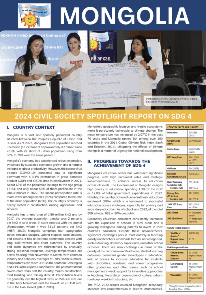Mongolia – Civil Society Spotlight Report on SDG 4 for HLPF 2024 - ASPBAE