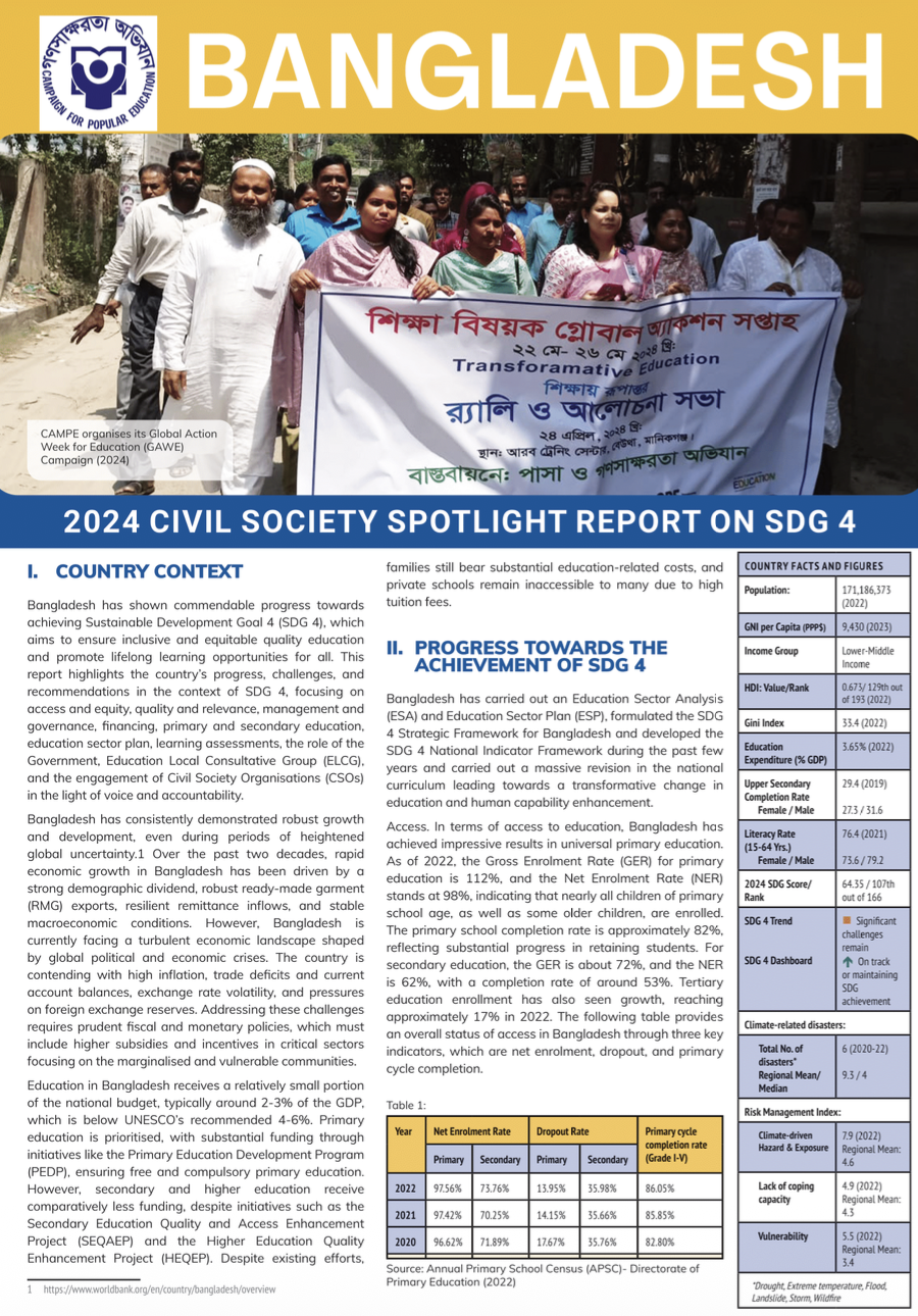 Bangladesh – Civil Society Spotlight Report on SDG 4 for HLPF 2024 - ASPBAE