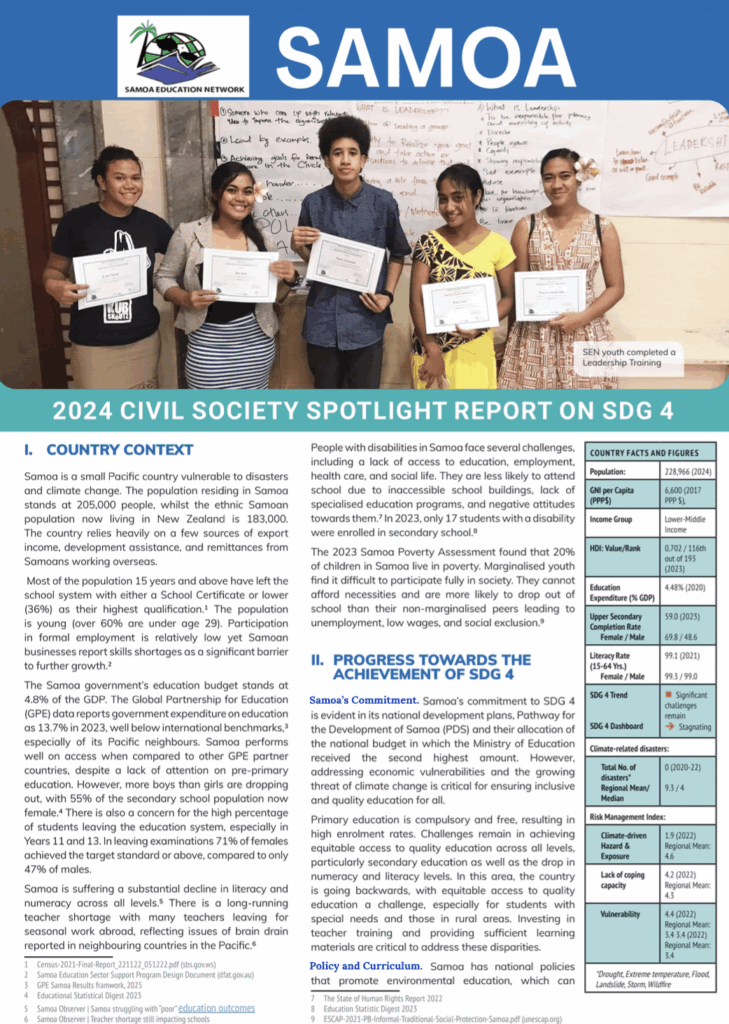 Samoa – Civil Society Spotlight Report on SDG 4 for HLPF 2024 - ASPBAE